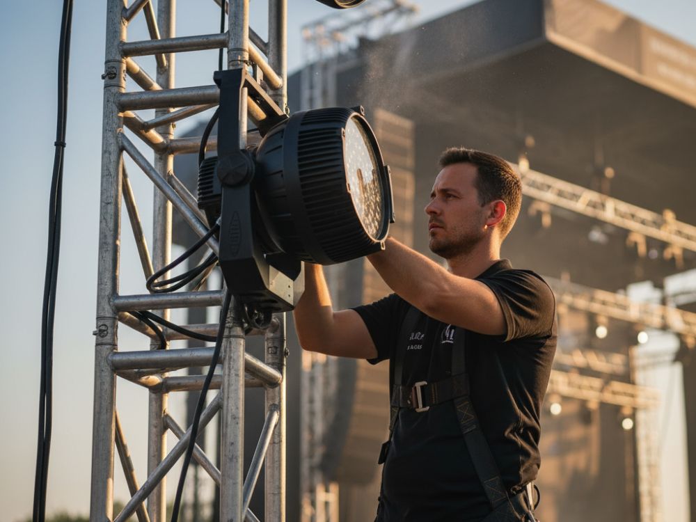 Niezawodny sprzęt i profesjonalna obsługa techniczna - Gwarancja Urban Sound Technik Urban Sound montujący profesjonalne oświetlenie sceniczne na trawersie