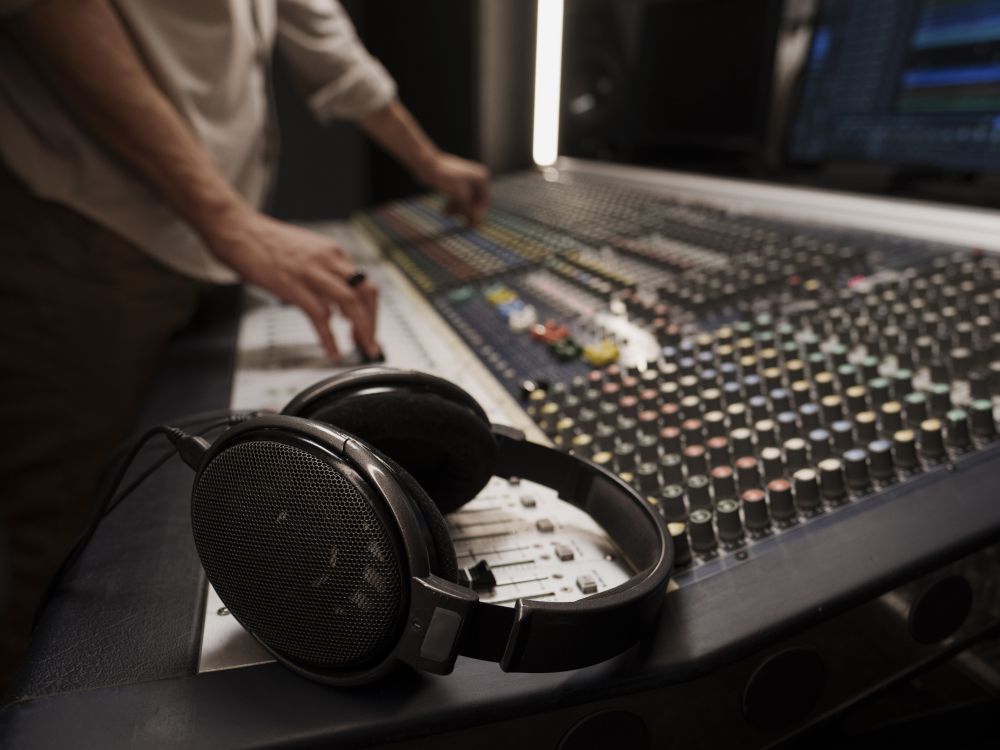 Nowoczesny cyfrowy mikser dźwięku - Urban Sound Zbliżenie na profesjonalny mikser audio używany podczas realizacji dźwięku